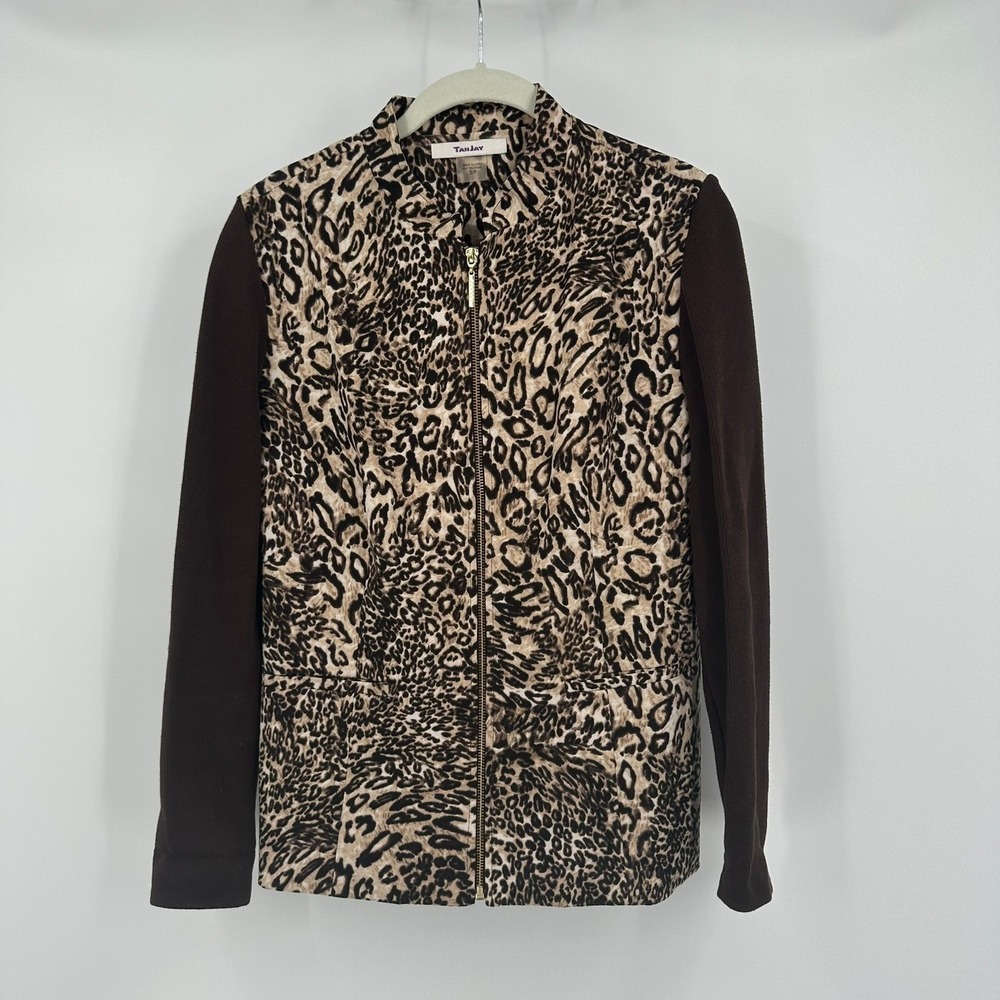 TanJay Womens Maximalist Leopard Print Mixed Media Jacket Size S Layering Bold
